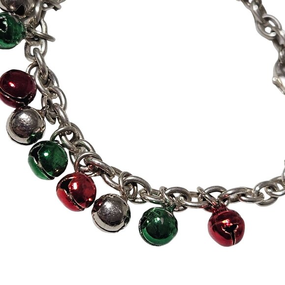 Holiday Jingle Bell Charm Bracelet Christmas Jewelry Red Green Silver Tone Chain - Picture 2 of 4